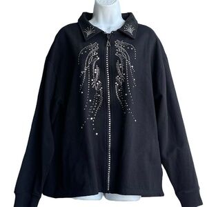 ISAACS DESIGNS Rhinestone Fleece Jacket Plus Size 1X Zip-Up Black Long Sleeve